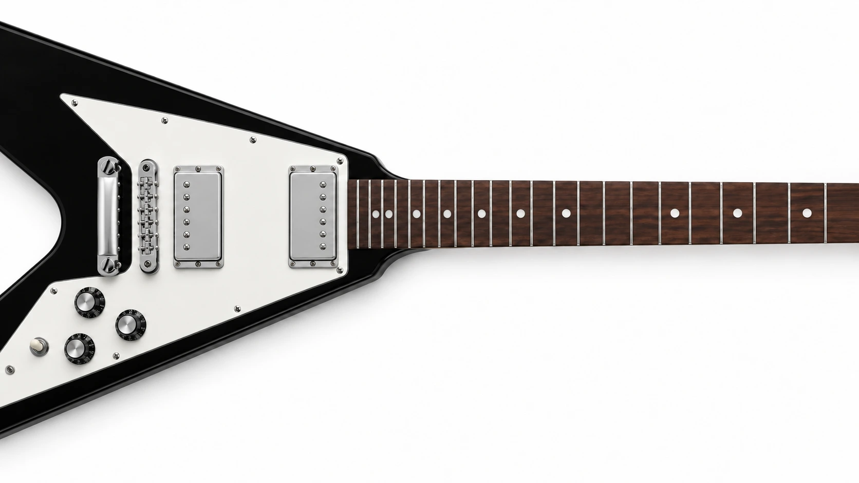 Black Flying V guitar with a white pickguard, silver hardware and dark fretboard on a white background.